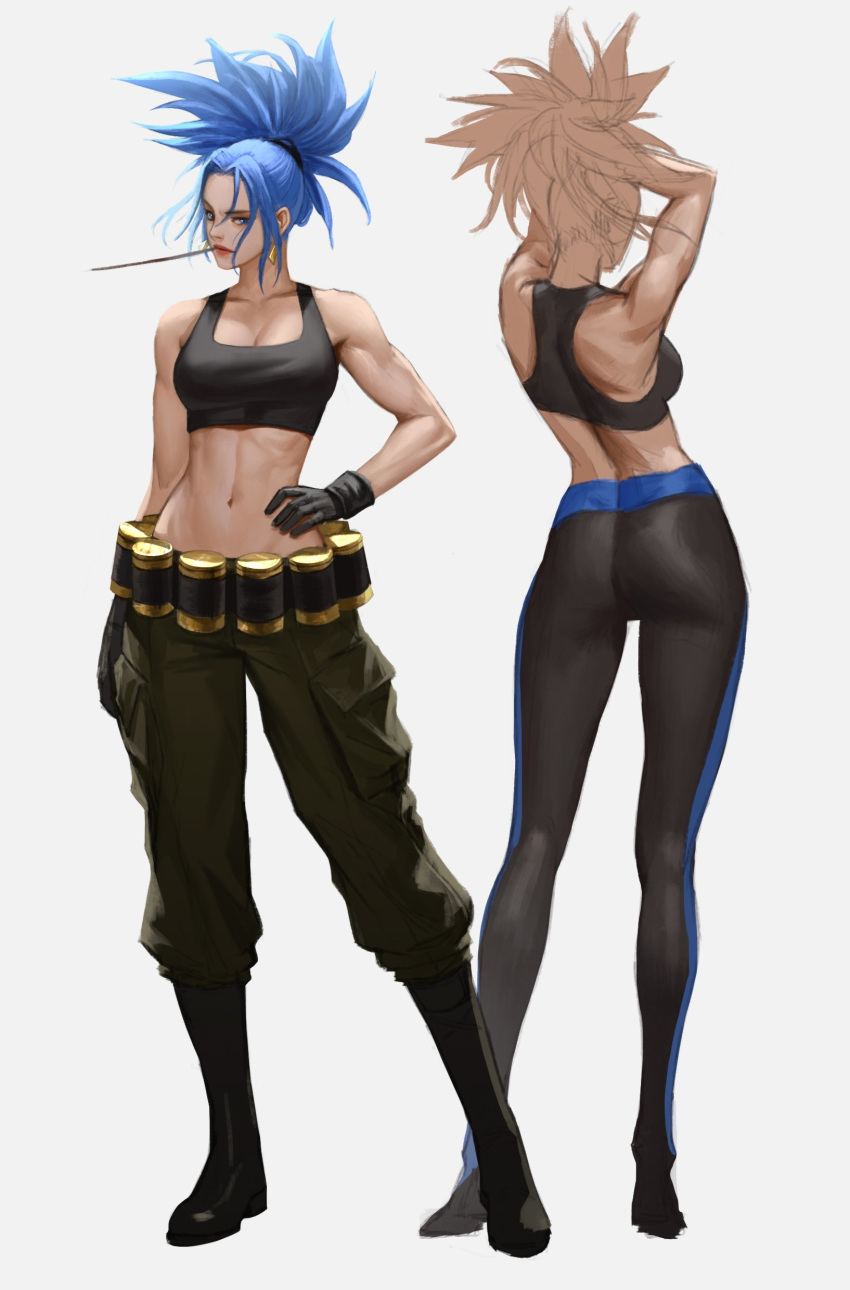absurdres adjusting_hair ammunition ass bare_shoulders belt black_footwear black_tank_top blue_eyes blue_hair cargo_pants collarbone commentary crop_top earrings english_commentary facing_away from_behind hair_tie high_ponytail highres jewelry leona_heidern looking_at_viewer midriff military military_uniform mouth_hold muscle navel pants ponytail red_lips sketch skin_tight snk stomach taekwon_kim tank_top the_king_of_fighters toned uniform yoga_pants