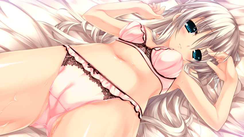 arms_up bangs bed_sheet blue_eyes blush bow bow_bra bow_panties bra breasts cameltoe chikotam closed_mouth crotch_seam dutch_angle eyebrows_visible_through_hair frilled_bra frilled_panties frills frown game_cg grey_hair hand_in_hair koiiro_marriage long_hair looking_at_viewer luriastis_t_mikuriya lying on_back on_bed panties pink_bra pink_panties small_breasts solo sweat trefoil underwear underwear_only