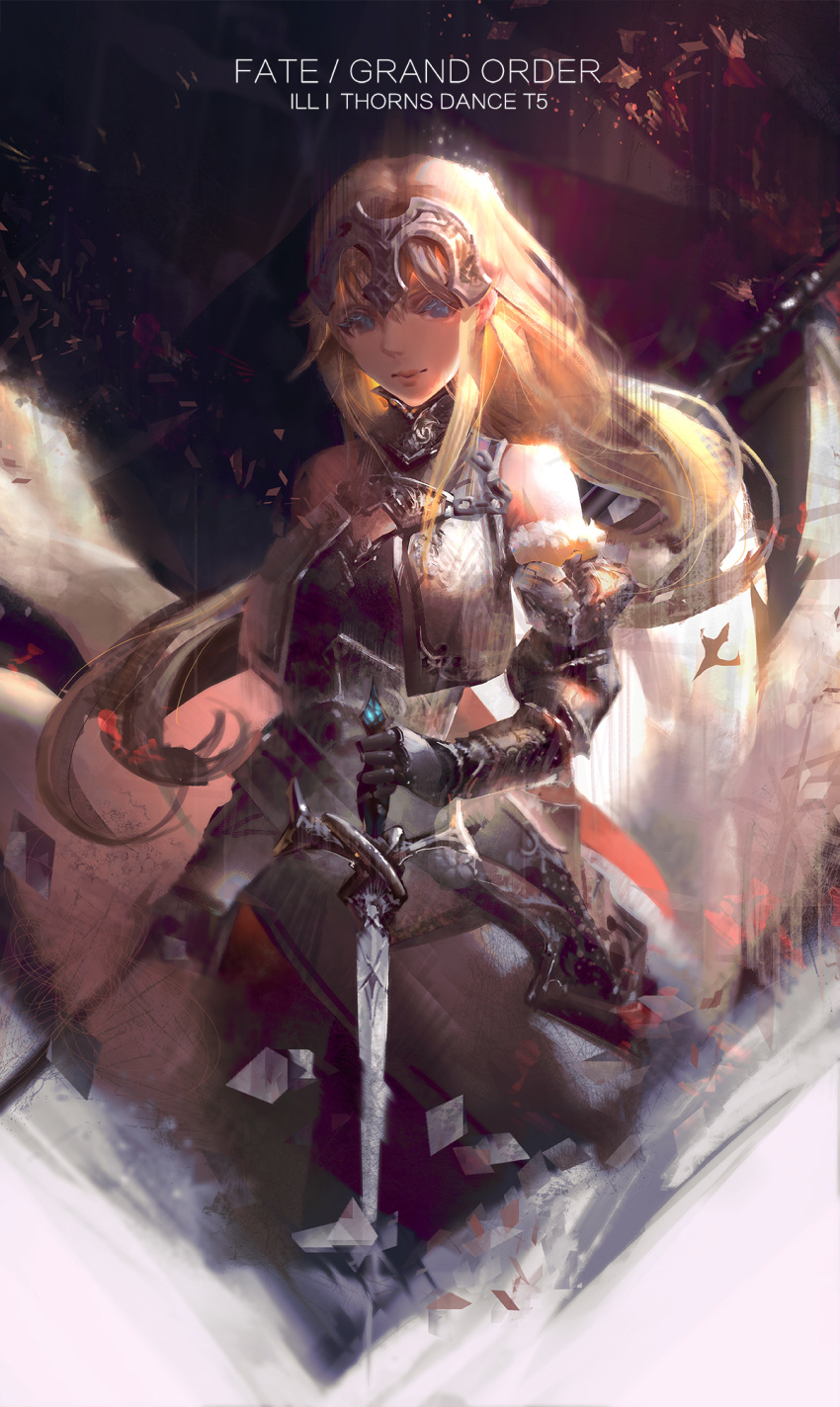 armor armored_dress blonde_hair blue_eyes capelet chain chinese_commentary commentary_request fate/grand_order fate_(series) faulds flag fur_trim gauntlets headpiece highres holding holding_sword holding_weapon ibara_dance jeanne_d'arc_(fate) jeanne_d'arc_(fate)_(all) long_hair looking_at_viewer pink_lips plackart planted_sword planted_weapon standard_bearer sword weapon