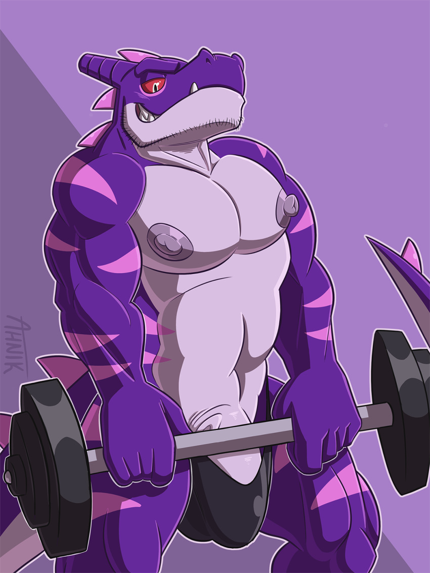 2018 ahnik barbell clothed clothing dragon exercise facial_hair grin horn male muscular nipples penis purple_scales red_sclera scales scalie signature smile solo stubble topless underwear watermark weightlifting weights white_eyes workout