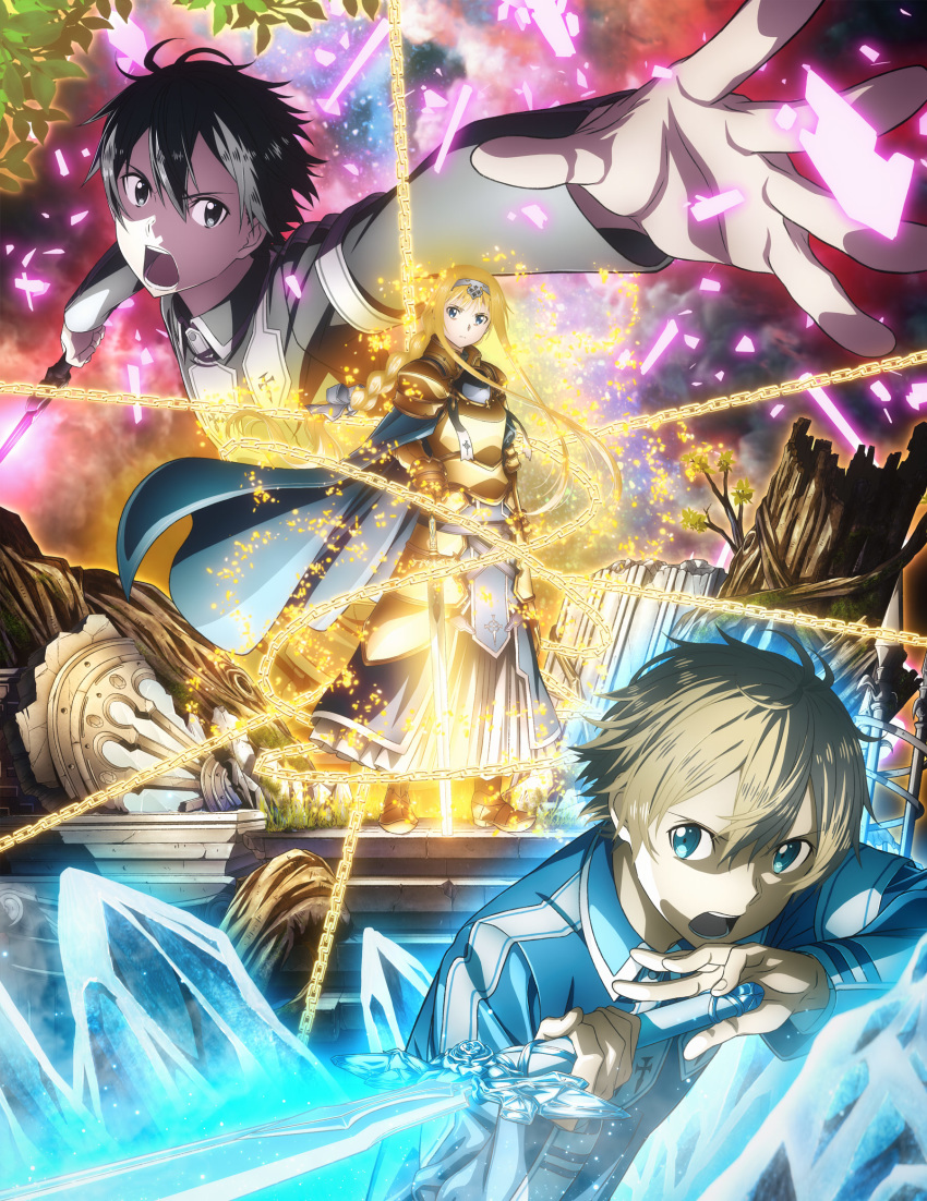 2boys alice_schuberg armor armored_boots armored_dress black_eyes black_hair blonde_hair blue_cape blue_eyes blue_rose_sword boots breastplate cape chain eugeo floating_hair full_body grey_hairband hair_between_eyes hairband hand_on_hilt highres holding holding_sword holding_weapon key_visual kirito light_brown_hair long_hair looking_at_viewer multiple_boys official_art open_mouth osmanthus_blade outstretched_arm shoulder_armor spaulders standing sword sword_art_online very_long_hair weapon