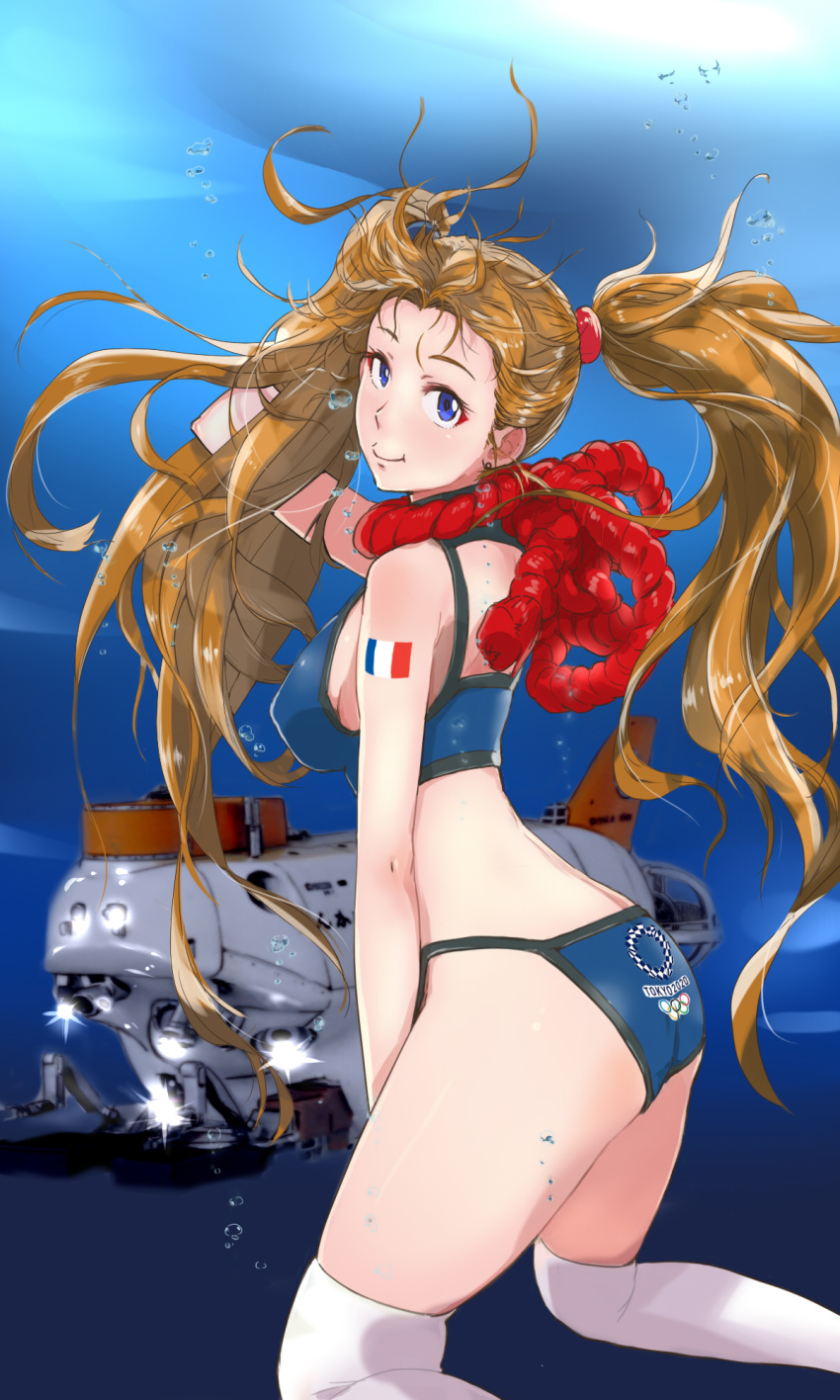 1girl 2020_summer_olympics ass bikini blue_eyes breasts brown_hair bubbles french_flag highres long_hair looking_at_viewer maabou namco numan_athletics olympics sharon_(numan_athletics) sharon_les_halles sideboob smile submarine swimsuit tattoo thighhighs twintails very_long_hair water