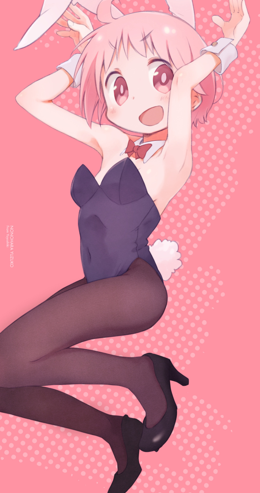 :d animal_ears armpits arms_up bare_shoulders black_legwear black_leotard blush bow bowtie breasts bunny_ears bunny_tail bunnysuit character_name covered_navel detached_collar eyebrows_visible_through_hair fake_animal_ears fake_tail full_body high_heels highres leotard looking_at_viewer nonohara_yuzuko okayparium open_mouth pantyhose pink_background pink_hair polka_dot polka_dot_background shoes short_hair simple_background small_breasts smile solo standing strapless strapless_leotard tail v-shaped_eyebrows wrist_cuffs yuyushiki