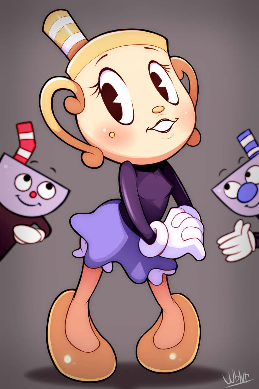 2018 4_fingers absurd_res animate_inanimate beauty_mark blush breasts clothing cuphead_(character) cuphead_(game) digital_media_(artwork) female gloves hi_res humanoid looking_at_viewer male ms._chalice mugman object_head signature skirt smile standing video_games wildblur