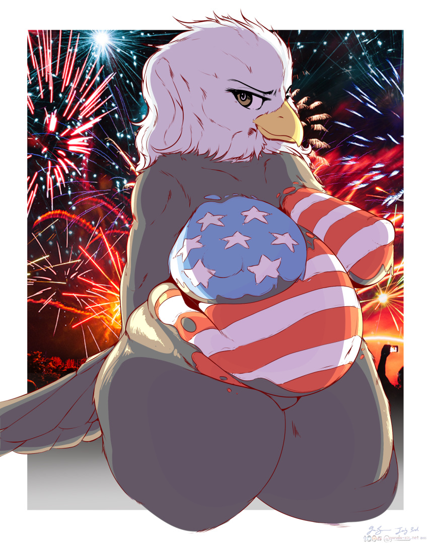 avian bald_eagle bird bodypaint breasts detailed_background eagle female fireworks garuda_six hands_behind_back looking_at_viewer nipples overweight portrait solo stars_and_stripes thick_thighs three-quarter_portrait united_states_of_america yellow_eyes