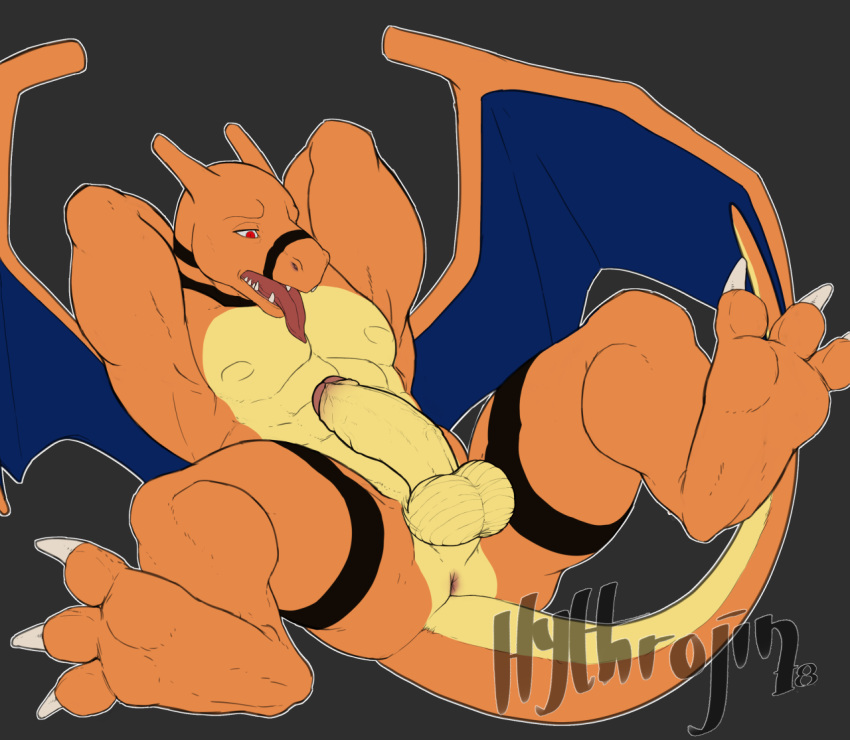 2018 anthro anus balls butt charizard digital_media_(artwork) humanoid_penis hythrojin male nintendo nude open_mouth penis pok&eacute;mon pok&eacute;mon_(species) simple_background solo tongue tongue_out video_games