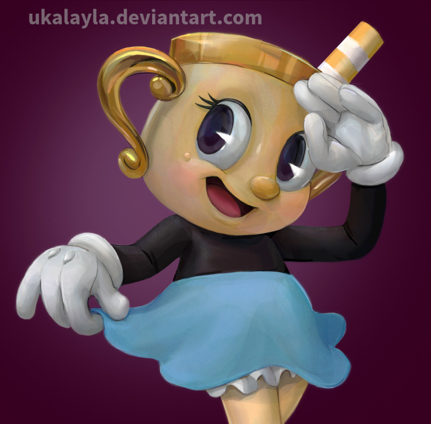 2018 animate_inanimate beauty_mark clothing cuphead_(game) dress female gloves humanoid ms._chalice not_furry object_head open_mouth solo ukalayla url video_games