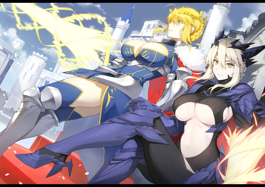 armor arturia_pendragon arturia_pendragon_alter blonde_hair bodysuit braids breasts building cape cleavage clouds dress fate/grand_order fate_(series) green_eyes headdress horns magic short_hair sky spear thighhighs underboob weapon yellow_eyes yykuaixian