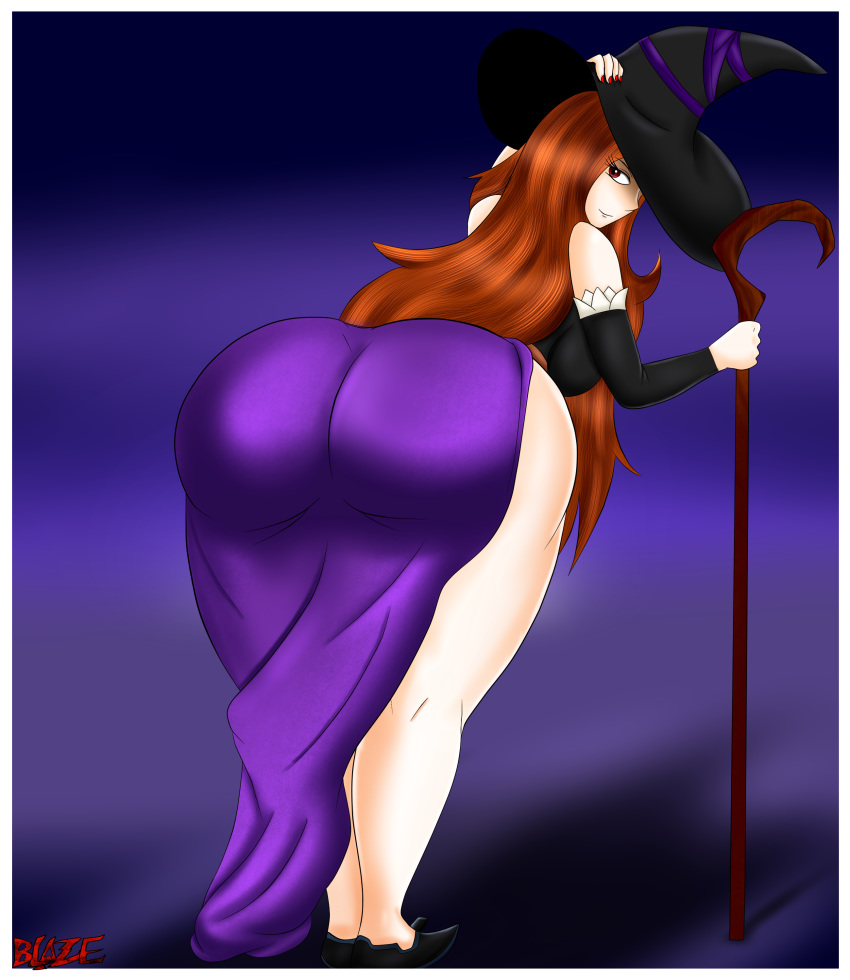 1girl ass breasts brown_eyes bxblazexd curvy dragon's_crown dress from_behind hat hat_over_one_eye huge_ass huge_breasts leaning leaning_forward long_hair looking_at_viewer looking_back orange_hair shiny shiny_clothes shiny_hair shiny_skin shoes sideboob smile solo sorceress sorceress_(dragon's_crown) staff weapon wide_hips witch_hat