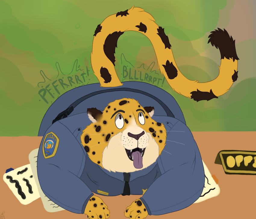 2018 anthro austrum benjamin_clawhauser bent_over cheetah clothed clothing digital_media_(artwork) disney fart fart_cloud fart_fetish feline fur hi_res male mammal open_mouth overweight simple_background solo text tongue tongue_out uniform zootopia