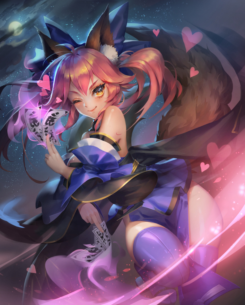 animal_ear_fluff animal_ears bare_shoulders blue_bow bow breasts cloud fate/grand_order fate_(series) fur hair_bow heart highres karesuki large_breasts long_hair looking_at_viewer moon night one_eye_closed pink_hair sky smile solo spinning standing standing_on_one_leg tail tamamo_(fate)_(all) tamamo_no_mae_(fate) thighhighs twintails yellow_eyes