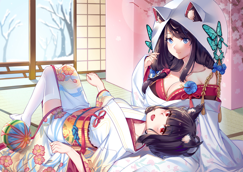 absurdres aer_(tengqiu) animal_ears azur_lane ball bangs black_hair blue_eyes blunt_bangs blush breasts cat_ears chinese_commentary cleavage collarbone commentary_request day dress eyebrows_visible_through_hair fang floral_print furisode fusou_(azur_lane) highres hood japanese_clothes kimono lap_pillow large_breasts long_sleeves looking_at_viewer lying medium_hair multiple_girls obi off_shoulder on_back open_mouth ponytail red_eyes sash shiny shiny_clothes shiny_skin short_hair smile snow snowing temari_ball thighhighs uchikake wedding_dress white_kimono white_legwear winter yamashiro_(azur_lane)