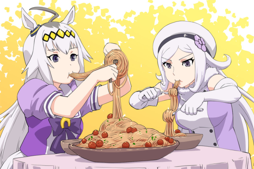 ahoge aila_jyrkiainen animal_ears bangs beret bowl breasts commentary_request crossover dress eating elbow_gloves eyebrows_visible_through_hair flower food food_in_mouth fork fur_collar gloves gundam gundam_build_fighters hair_ornament hat hat_flower horse_ears horse_girl long_hair looking_down looking_up meatball medium_breasts multiple_girls oguri_cap_(umamusume) pasta plate puffy_short_sleeves puffy_sleeves purple_eyes purple_shirt school_uniform shirt short_sleeves silver_hair simple_background sitting skirt sleeveless sleeveless_dress small_breasts spaghetti table tablecloth trait_connection two-tone_background ueyama_michirou umamusume upper_body very_long_hair white_gloves white_skirt yellow_background