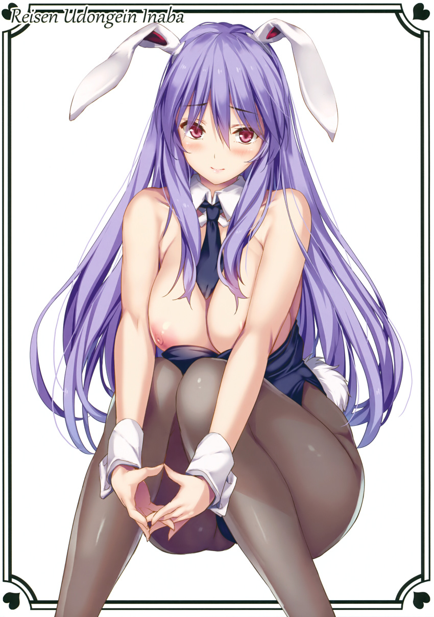 absurdres alternate_costume animal_ears bare_arms bare_shoulders blue_neckwear blush breasts breasts_outside bunny_ears bunnysuit character_name detached_collar eyebrows_visible_through_hair feet_out_of_frame hair_between_eyes heart highres knees_up large_breasts long_hair looking_at_viewer moneti_(daifuku) necktie nipples pantyhose pink_lips purple_hair red_eyes reisen_udongein_inaba scan sidelocks simple_background sitting smile solo thighs touhou v_arms white_background wing_collar wrist_cuffs
