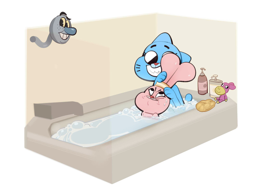 2018 anais_watterson animate_inanimate anthro bath bathing bathtub blue_fur cartoon_network cat child cub daughter digital_media_(artwork) duo feline female frown fur junyoi lagomorph loofah looking_at_viewer mammal mother mother_and_daughter nicole_watterson parent partially_submerged pink_fur plushie rabbit smile the_amazing_world_of_gumball water whiskers young