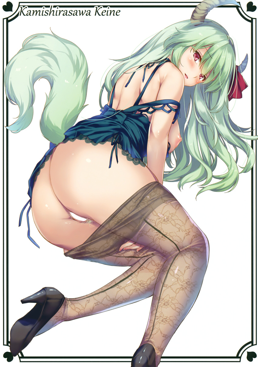 absurdres alternate_costume ass bare_arms bare_shoulders black_footwear blue_dress blush breasts censored character_name dress ex-keine feet_out_of_frame from_behind green_hair heart high_heels highres horn horn_ribbon horns kamishirasawa_keine large_breasts light_green_hair long_hair looking_at_viewer looking_back moneti_(daifuku) nipples pantyhose pantyhose_pull parted_lips pubic_hair red_eyes red_ribbon ribbon scan see-through simple_background smile solo strap_slip tail touhou white_background