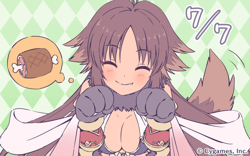 animal_ears argyle argyle_background blush breasts brown_hair closed_eyes closed_mouth company_name dark_skin eyebrows_visible_through_hair facing_viewer fang_out food fur_collar green_background highres kyan_kaori long_hair meat medium_breasts official_art paw_pose paws princess_connect! princess_connect!_re:dive smile solo tail tail_wagging thought_bubble upper_body