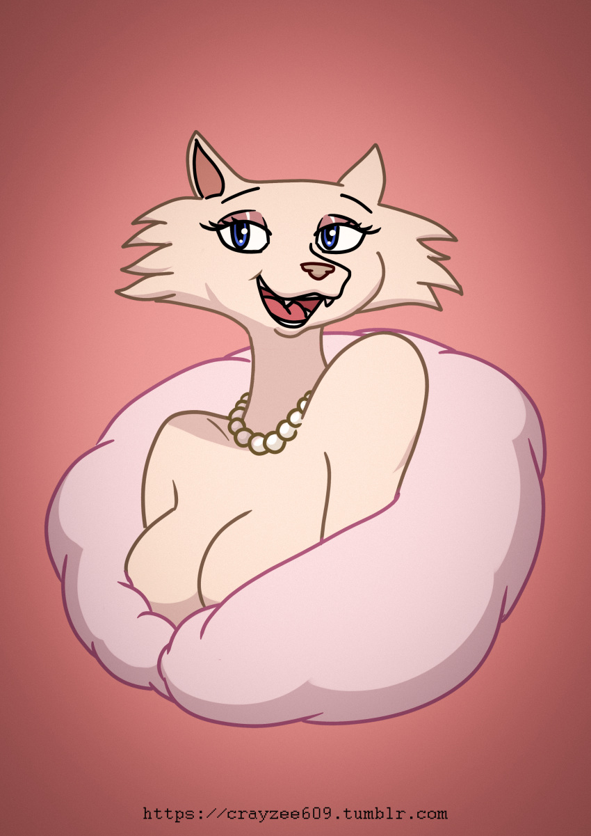 2018 animalympics anthro big_breasts breasts bust_portrait cat cleavage clothed clothing crayzee609 digital_media_(artwork) eyelashes fangs feline female front_view fur hi_res jewelry looking_at_viewer mammal necklace open_mouth portrait simple_background smile solo teeth tongue