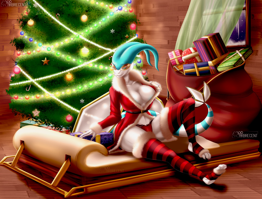 2018 antennae anthro belt big_breasts breasts cabin christmas christmas_lights christmas_tree cleavage clothed clothing coat dragon female flygon fur gift holidays huge_breasts legwear looking_at_viewer nintendo panties pok&eacute;mon pok&eacute;mon_(species) pok&eacute;morph sack scalie skyla_the_flygon sleigh stockings text tree treehunned underwear video_games white_skin window wings