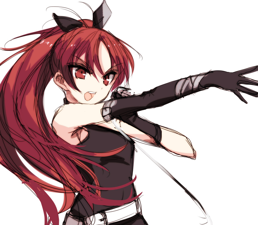 absurdres alternate_costume bad_id bad_twitter_id bare_shoulders belt black_gloves black_ribbon commentary gloves highres long_hair mahou_shoujo_madoka_magica misteor music open_mouth ponytail red_eyes red_hair ribbon sakura_kyouko singing sketch solo v-shaped_eyebrows very_long_hair white_background