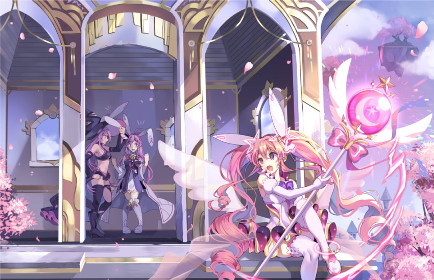aether_sage_(elsword) aisha_(elsword) animal_ears bunny_ears elsword floating_island flower hat holding holding_wand long_hair magical_girl metamorphy_(elsword) multiple_girls multiple_persona open_mouth oz_sorcerer_(elsword) petals pinb pink_flower pink_hair purple_hair thighhighs tree twintails very_long_hair wand witch_hat
