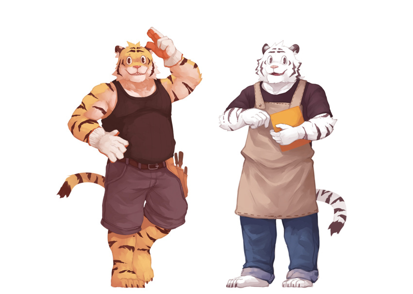 anthro apron clothing feline gloves lowergold male mammal simple_background tiger tools white_background white_tiger