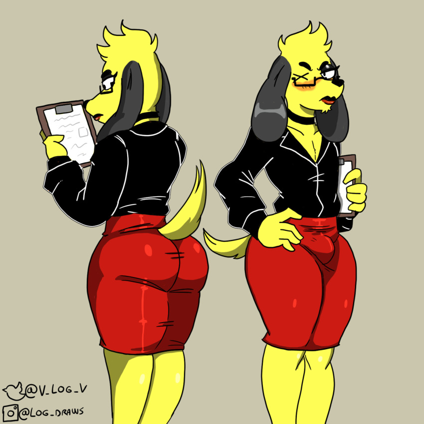 angry blush bulge canine choker clothed clothing costume crossdressing dark_lipstick dog fur girly lipstick log_(character) log_draws makeup mammal red_lipstick secretary simple_background suit tight_clothing trap_(disambiguation) wide_hips x_eye yellow_fur