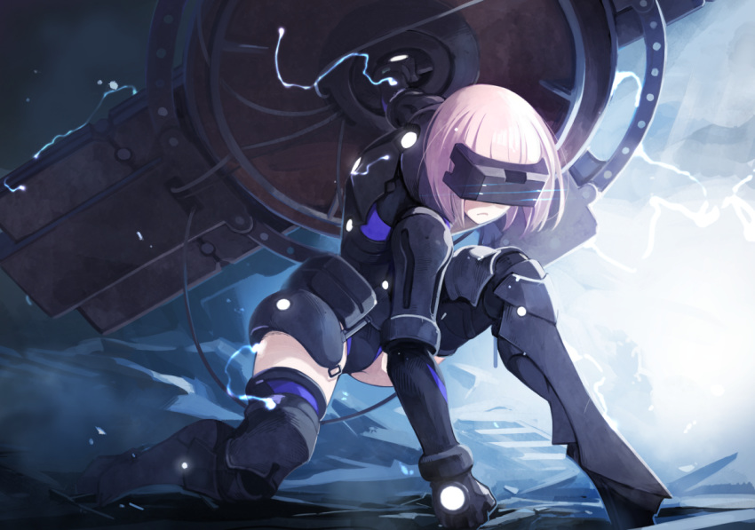 arm_support armored_leotard bangs black_armor black_legwear black_leotard commentary_request covered_eyes electricity facing_viewer fate/grand_order fate_(series) holding holding_shield leotard mash_kyrielight one_knee ortenaus parted_lips pink_hair revision shield short_hair solo superhero_landing thighhighs vr_visor yunar