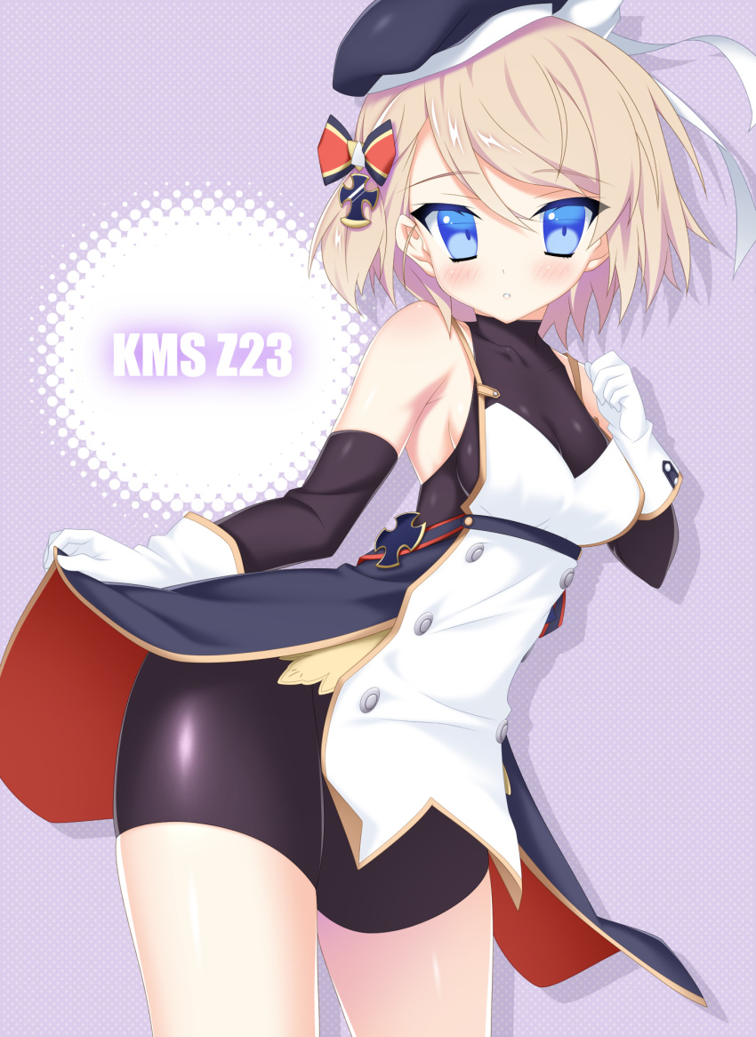 :o azur_lane bangs bare_shoulders beret bike_shorts black_dress black_hat black_shorts blonde_hair blue_eyes blush bow breasts character_name dress eyebrows_visible_through_hair gloves grey_background hair_between_eyes hair_bow halftone halftone_background hat highres iron_cross looking_at_viewer md5_mismatch medium_breasts parted_lips revision short_hair shorts sleeveless sleeveless_dress solo striped striped_bow taira_takehiro white_gloves z23_(azur_lane)