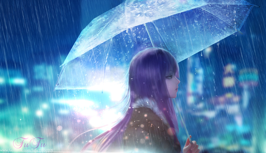 artist_name blurry city_lights coat commentary_request depth_of_field expressionless eyelashes from_side fufu fur-trimmed_coat fur_trim holding holding_umbrella lens_flare lips long_hair looking_to_the_side night original profile purple_hair rain single_tear solo transparent transparent_umbrella umbrella upper_body very_long_hair water_drop watermark web_address yellow_eyes