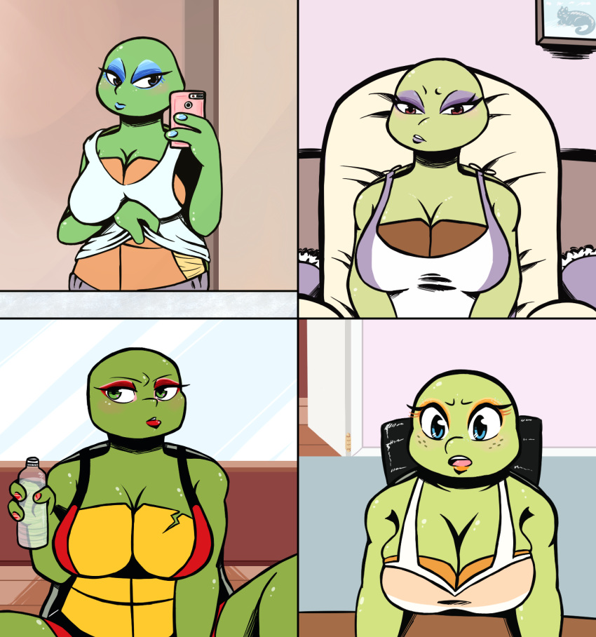 2018 anthro big_breasts blue_eyes blue_nails blush bottle breasts cellphone chair chipped_shell cleavage clothed clothing clothing_lift colored_nails crossgender donatello_(tmnt) eyeshadow female freckles green_eyes group holding_object holding_phone huge_breasts inkyfrog leonardo_(tmnt) lipstick looking_at_viewer makeup michelangelo_(tmnt) midriff non-mammal_breasts phone raphael_(tmnt) red_eyes red_nails reptile scalie selfie shell shirt shirt_lift sitting standing tank_top teenage_mutant_ninja_turtles turtle