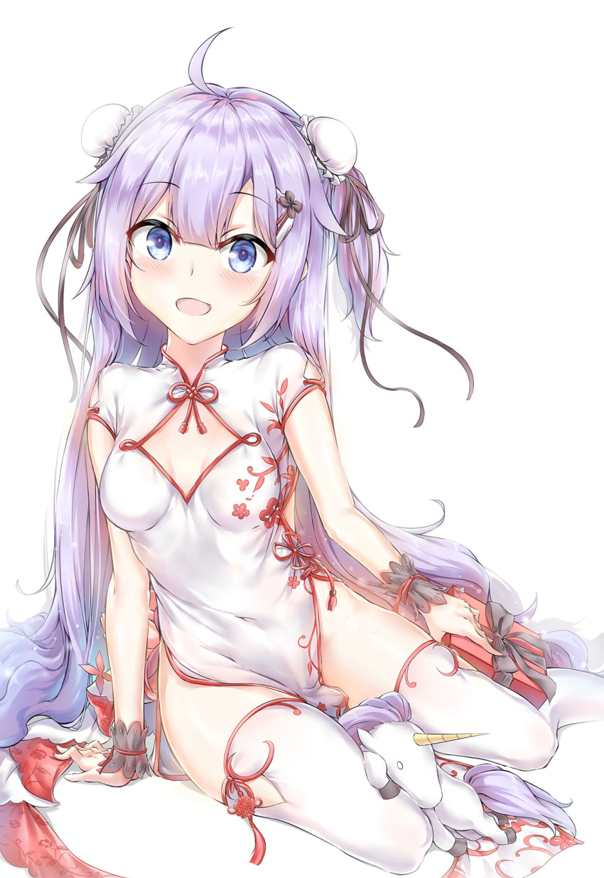 ahoge arm_warmers azur_lane bangs black_ribbon blush box breasts bun_cover china_dress chinese_clothes double_bun dress eyebrows_visible_through_hair gift gift_box hair_between_eyes highres holding holding_gift long_hair looking_at_viewer pelvic_curtain purple_eyes purple_hair ribbon short_sleeves side_bun simple_background small_breasts solo stuffed_alicorn stuffed_animal stuffed_toy thighhighs thighs unicorn_(azur_lane) very_long_hair white_background white_dress white_legwear wrist_cuffs xin_(zinc)
