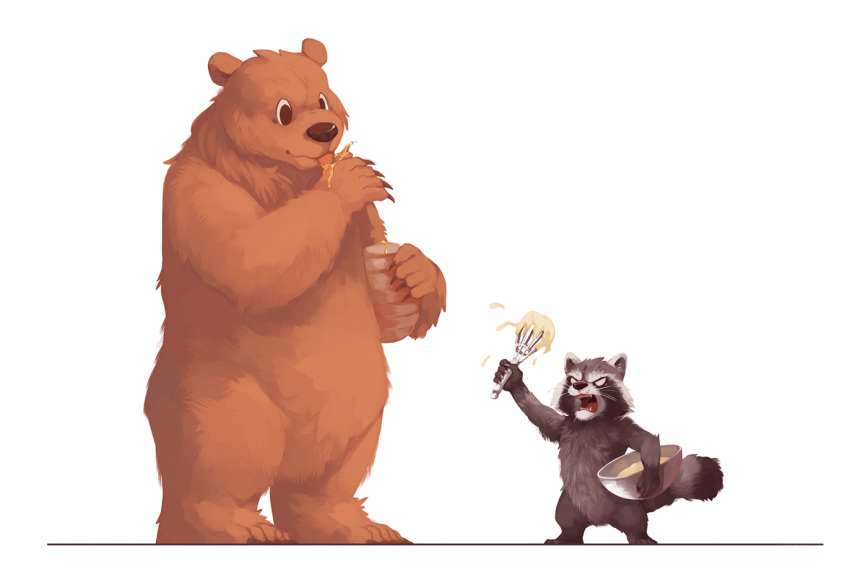angry bear bowl brown_fur claws dough duo feral fur grooming holding_object honey licking lowergold mammal procyonid raccoon simple_background tongue tongue_out whisk white_background yelling