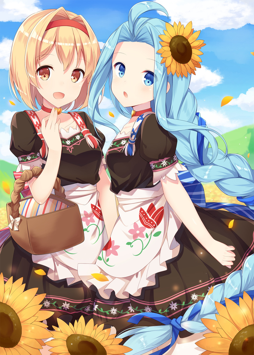 :d absurdly_long_hair ahoge amemiya_ruki apron bangs basket blonde_hair blue_eyes blue_hair blue_ribbon blue_sky blush brown_dress brown_eyes cloud cloudy_sky commentary_request day djeeta_(granblue_fantasy) dress eyebrows_visible_through_hair floral_print flower granblue_fantasy hair_between_eyes hair_flower hair_ornament hair_ribbon hairband highres long_hair looking_at_viewer lyria_(granblue_fantasy) multiple_girls open_mouth orange_flower outdoors parted_bangs petals print_apron puffy_short_sleeves puffy_sleeves red_hairband ribbon short_sleeves sky smile very_long_hair waist_apron white_apron