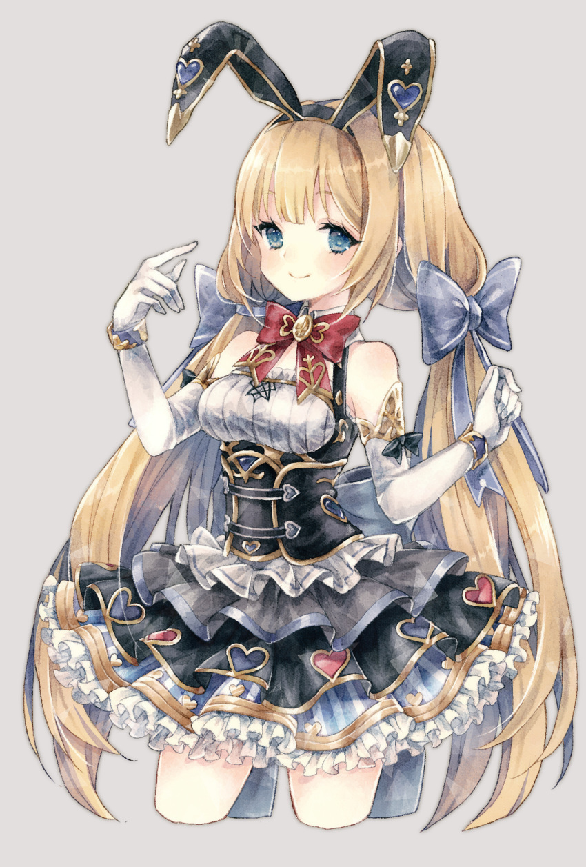 animal_ears arm_up bare_shoulders black_skirt blonde_hair blue_bow blue_eyes bow bunny_ears closed_mouth commentary_request cropped_legs cryptract elbow_gloves gloves grey_background hair_bow hand_up heart highres kikka_(kicca_choco) layered_skirt long_hair low_twintails pleated_skirt simple_background skirt smile solo twintails underbust very_long_hair white_gloves
