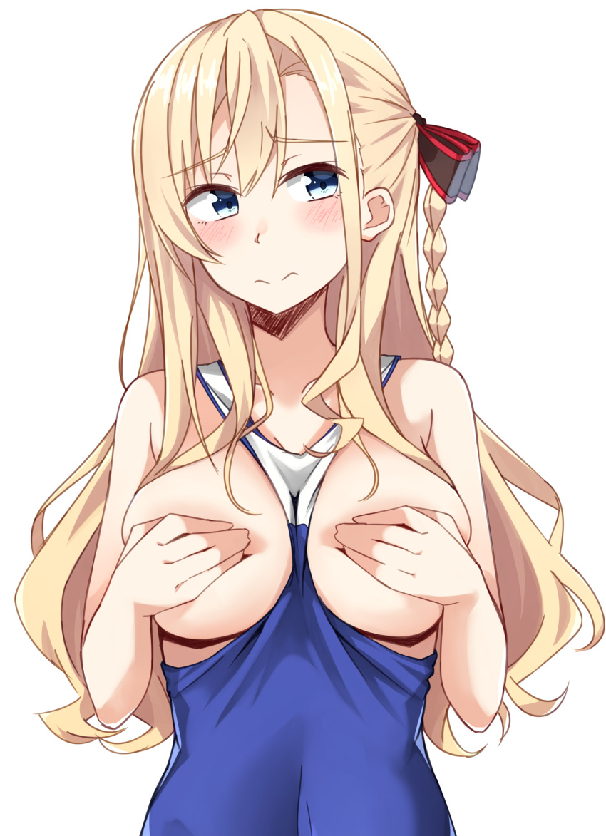absurdres bangs bare_arms bare_shoulders between_breasts black_bow blonde_hair blue_eyes blue_swimsuit blush bow braid breasts breasts_outside casual_one-piece_swimsuit closed_mouth clothes_between_breasts collarbone commentary_request covering covering_breasts eyebrows_visible_through_hair hair_between_eyes hair_bow head_tilt high_school_fleet highres kapatarou large_breasts long_hair looking_at_viewer one-piece_swimsuit side_braid simple_background single_braid solo swimsuit upper_body very_long_hair white_background wilhelmina_braunschweig_ingenohl_friedeburg