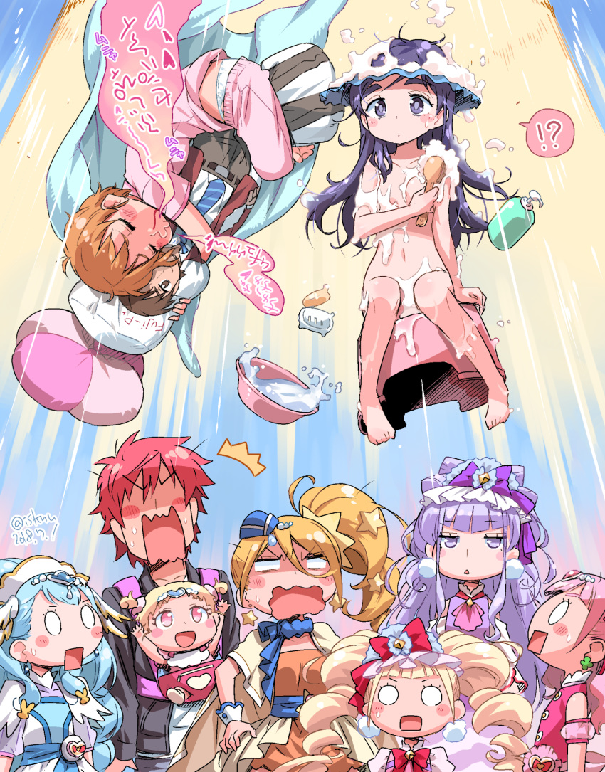 1boy 6+girls baby bath_stool belt black_hair blonde_hair blood blue_hair blue_neckwear blush blush_stickers body_blush brown_hair brown_jacket bucket collarbone commentary_request convenient_arm convenient_censoring cure_amour cure_ange cure_etoile cure_macherie cure_yell dakimakura_(object) diagonal-striped_legwear falling fujimura_shougo futari_wa_precure garrison_cap grey_pants harryham_harry hat highres hug-tan_(precure) hugtto!_precure isedaichi_ken jacket jitome lavender_hair leather leather_jacket magical_girl misumi_nagisa multiple_girls necktie no_pupils nosebleed pajamas panties pants panty_slip pillow pillow_hug pink_hair pink_pants pink_shirt precure rectangular_mouth red_hair shampoo_hat shirt short_twintails side_ponytail sitting sleeping soap soap_bubbles soap_censor spoken_interrobang stool surprised sweat twintails twitter_username underwear verone_gakuin_school_uniform what_if white_panties white_shirt yukishiro_honoka