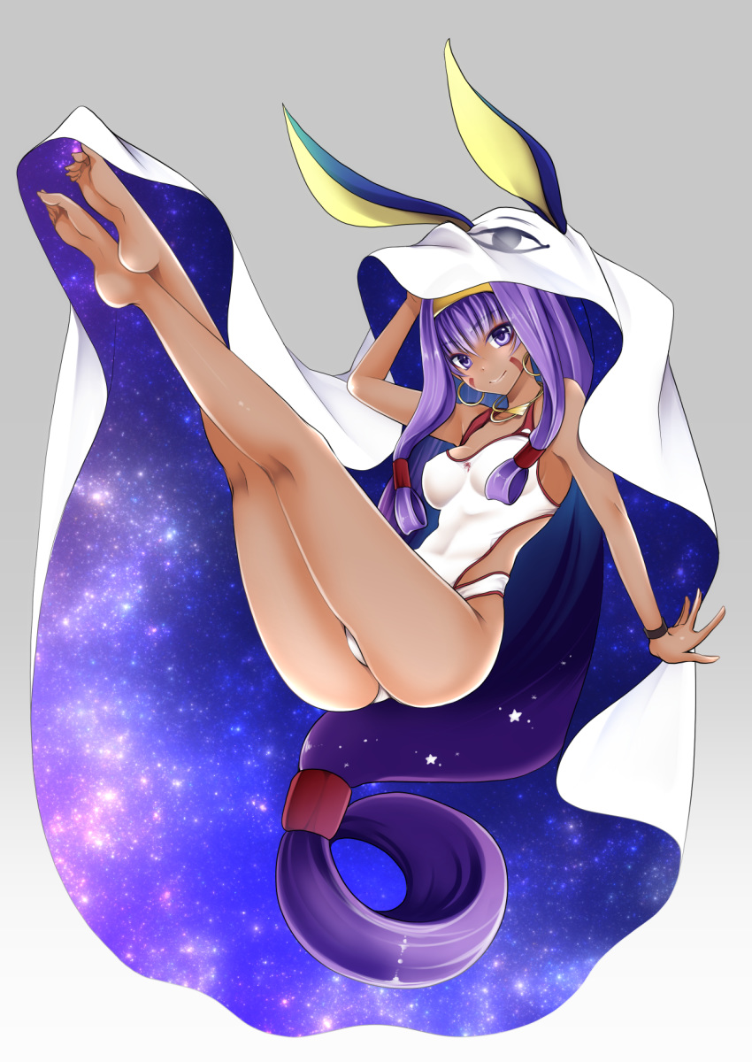 animal_ears ass bangs bare_legs bare_shoulders barefoot breasts closed_mouth cosplay dark_skin earrings egyptian eyebrows_visible_through_hair facial_mark fate/grand_order fate_(series) feet grey_background hair_between_eyes hairband highres hoop_earrings jackal_ears jewelry legs long_hair looking_at_viewer low-tied_long_hair medium_breasts medjed medjed_(cosplay) nitocris_(fate/grand_order) nitocris_(swimsuit_assassin)_(fate) purple_eyes purple_hair shinonome_ryuu sidelocks simple_background smile soles solo star swimsuit toenails very_long_hair white_swimsuit