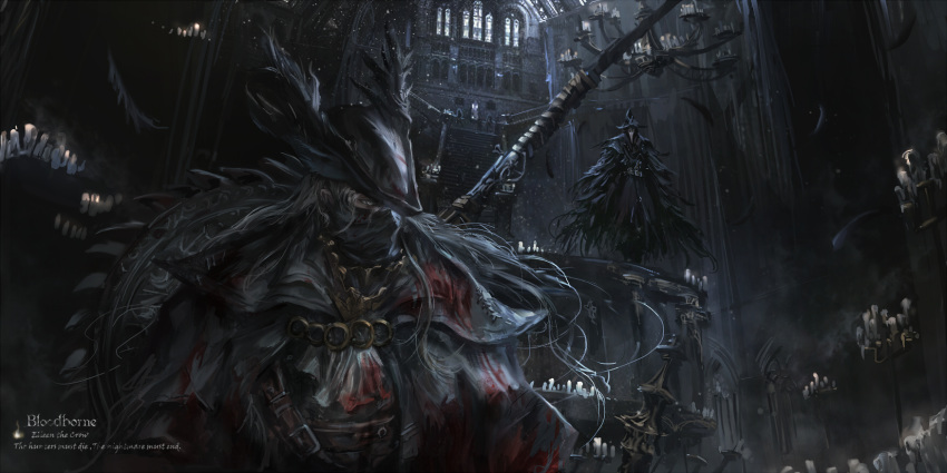 blood bloodborne building cape eileen_the_crow feathers gothic gun hat long_hair stu_dts the_hunter weapon
