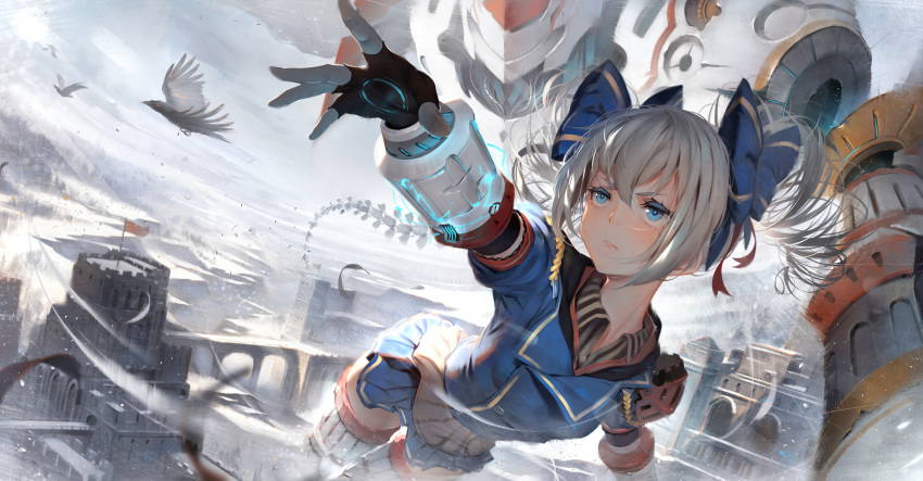 bangs benghuai_xueyuan bird blue_eyes blue_skirt blurry bow bronya_zaychik building castle cloud cloudy_sky day depth_of_field drill_hair feathers feet_out_of_frame fingerless_gloves flag flying gloves hair_bow highres honkai_impact jacket looking_at_viewer mecha medium_hair motion_blur outdoors outstretched_arm perspective pleated_skirt puffy_short_sleeves puffy_sleeves scenery serious short_sleeves skirt sky solo thighhighs toriumi_harumi twin_drills twintails v-shaped_eyebrows white_hair wind wing_collar zettai_ryouiki