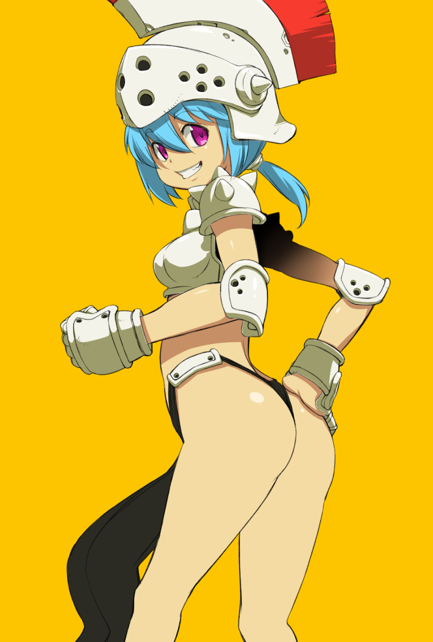 1girl armor ass bangs black_panties blue_hair breastplate breasts elbow_pads eyebrows_visible_through_hair gradient gradient_background grin hair_between_eyes hand_on_hip helmet highleg highleg_panties highres looking_at_viewer onija_tarou original panties pink_eyes ponytail short_hair shoulder_pads small_breasts smile solo teeth underwear