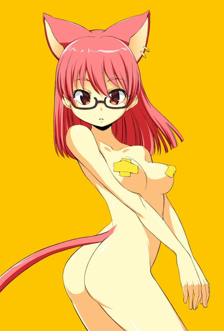 1girl animal_ears ass bangs bare_arms bare_shoulders bottomless breasts cat_ears cat_girl cat_tail collarbone earrings extra_ears eyebrows_visible_through_hair gradient gradient_background hair_between_eyes highres jewelry legs_together long_hair looking_at_viewer onija_tarou original pink_hair red_eyes small_breasts solo straight_hair tail v_arms