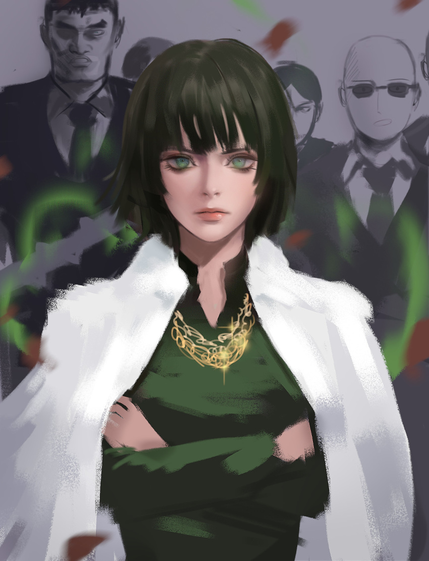 bangs black_dress black_hair closed_eyes commentary crossed_arms doodle dress english_commentary formal fubuki_(one-punch_man) fur_coat green_dress green_eyes highres jacket_on_shoulders jewelry looking_at_viewer necklace necktie one-punch_man short_hair sketch standing suit sunglasses thaumazo