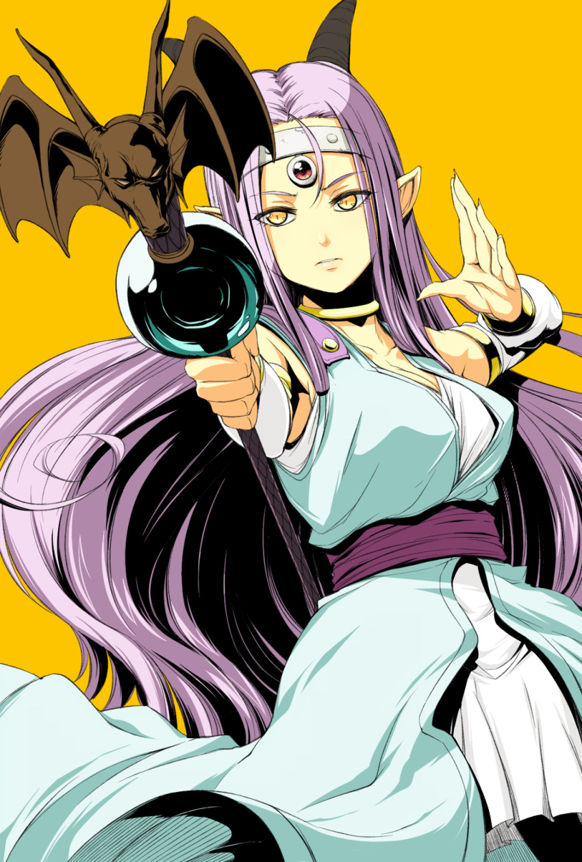 1girl breasts cleavage collarbone detached_sleeves dragon_quest dragon_quest_x dress estella_(dq10) eyes_visible_through_hair gem gradient gradient_background headband highres holding holding_staff horns jewelry long_hair long_sleeves neck_ring pointy_ears purple_hair sash solo staff straight_hair white_dress yellow_eyes
