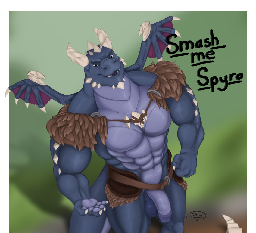 2018 abs anthro balls big_balls big_penis blue_scales bubba_(spyro) claws clothing digital_media_(artwork) dizzyknight dragon english_text flaccid hi_res horn humanoid_penis looking_at_viewer male membranous_wings muscular muscular_male nude open_mouth painted pecs penis scales scalie smile solo spyro_reignited_trilogy spyro_the_dragon standing teeth text video_games wings