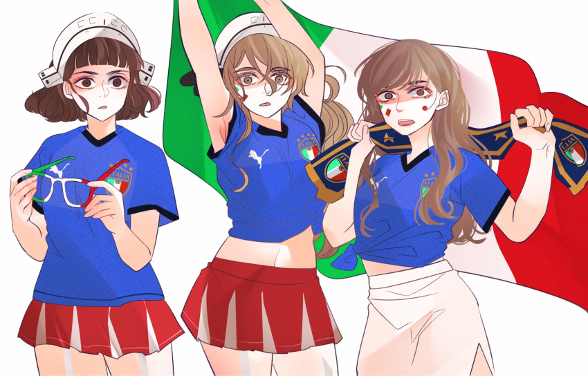 anno88888 bangs blonde_hair blunt_bangs brown_eyes brown_hair commentary cowboy_shot glasses highres italian_flag italy kantai_collection littorio_(kantai_collection) long_hair miniskirt multiple_girls roma_(kantai_collection) scarf shirt skirt soccer soccer_uniform sportswear tied_shirt wavy_hair world_cup zara_(kantai_collection)