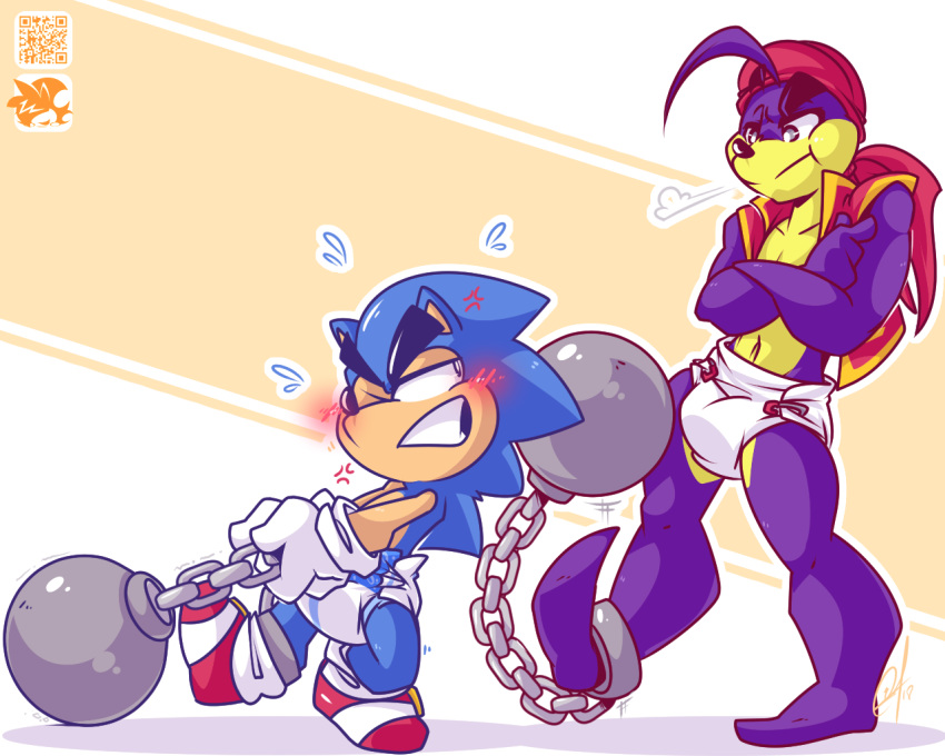 anthro ball_and_chain blush crossed_arms diaper hedgehog lilchu male mammal marine pinniped seal sonic_(series) sonic_the_hedgehog struggling unimpressed