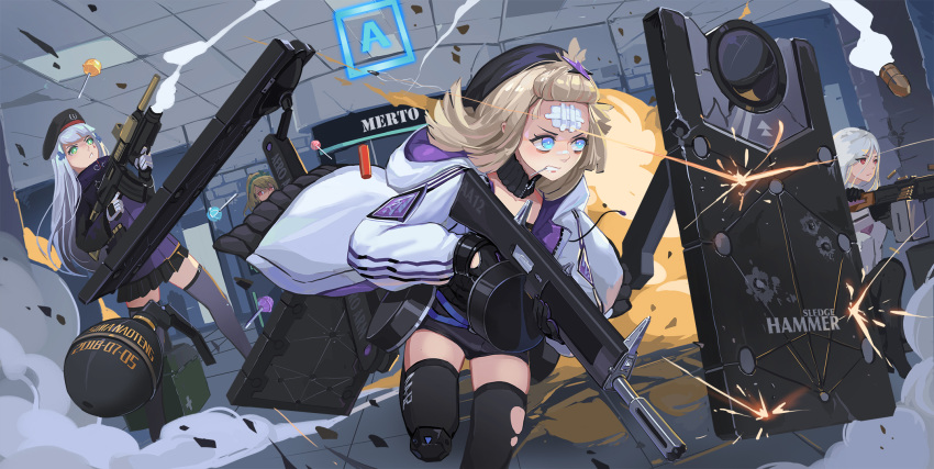 aa-12 aa-12_(girls_frontline) artist_name assault_rifle bandage_on_face battle battlefield_3 black_legwear blonde_hair blue_eyes candy chinese_commentary commentary_request dated explosive first_aid_kit food girls_frontline gloves green_eyes grenade grenade_launcher grey_legwear grimace gun hair_ornament heckler_&amp;_koch highres hk416 hk416_(girls_frontline) holding holding_weapon jacket lollipop long_hair machine_gun multiple_girls pantyhose pk_(girls_frontline) pk_machine_gun ponytail ranguage red_eyes rifle rifle_grenade shield shorts shotgun shotgun_shell sima_naoteng smoke sparks subway_station sv-98_(girls_frontline) teeth thighhighs weapon white_hair zettai_ryouiki