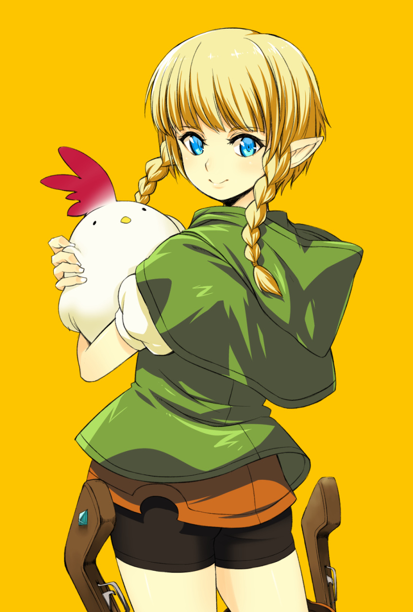 1girl animal bangs bike_shorts bird blonde_hair blue_eyes bow_(weapon) capelet chicken closed_mouth cowboy_shot crossbow cucco eyebrows_visible_through_hair from_behind green_capelet highres holding holding_animal hood hood_down linkle long_hair looking_back onija_tarou pointy_ears puffy_short_sleeves puffy_sleeves short_sleeves smile the_legend_of_zelda weapon yellow_background zelda_musou