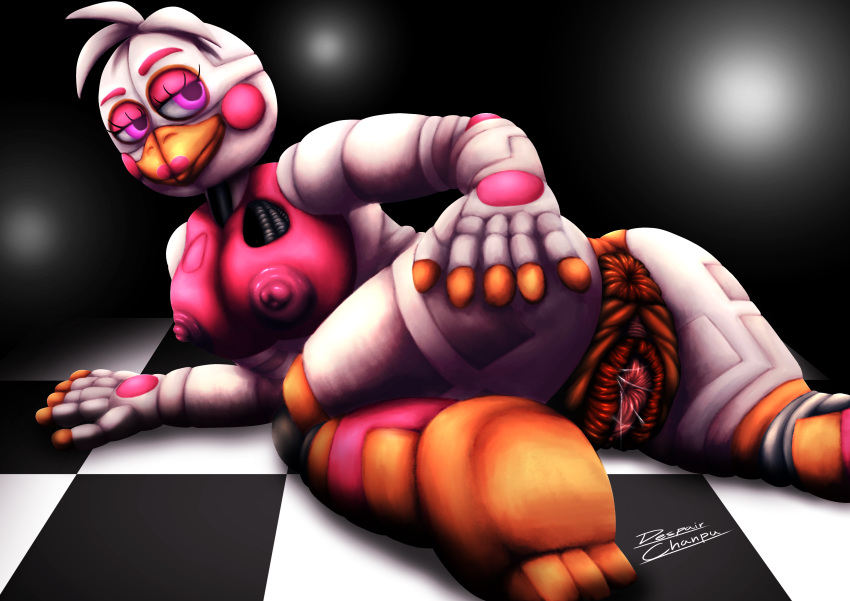 2018 animatronic big_breasts breasts butt female five_nights_at_freddy's freddy_fazbear's_pizzeria_simulator funtime_chica_(fnaf) machine nipples pussy robot smile video_games